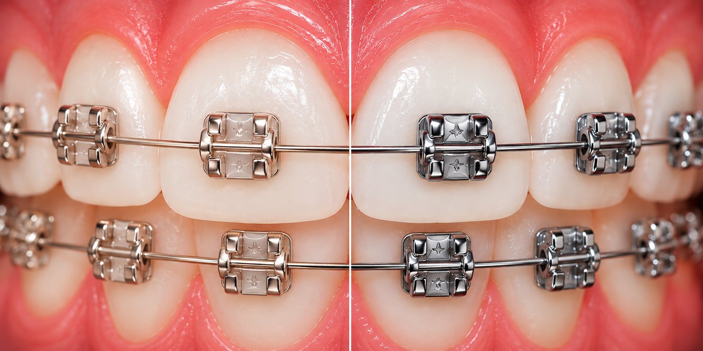 Champagne CHARM braces on the left compared with traditional silver braces on the right